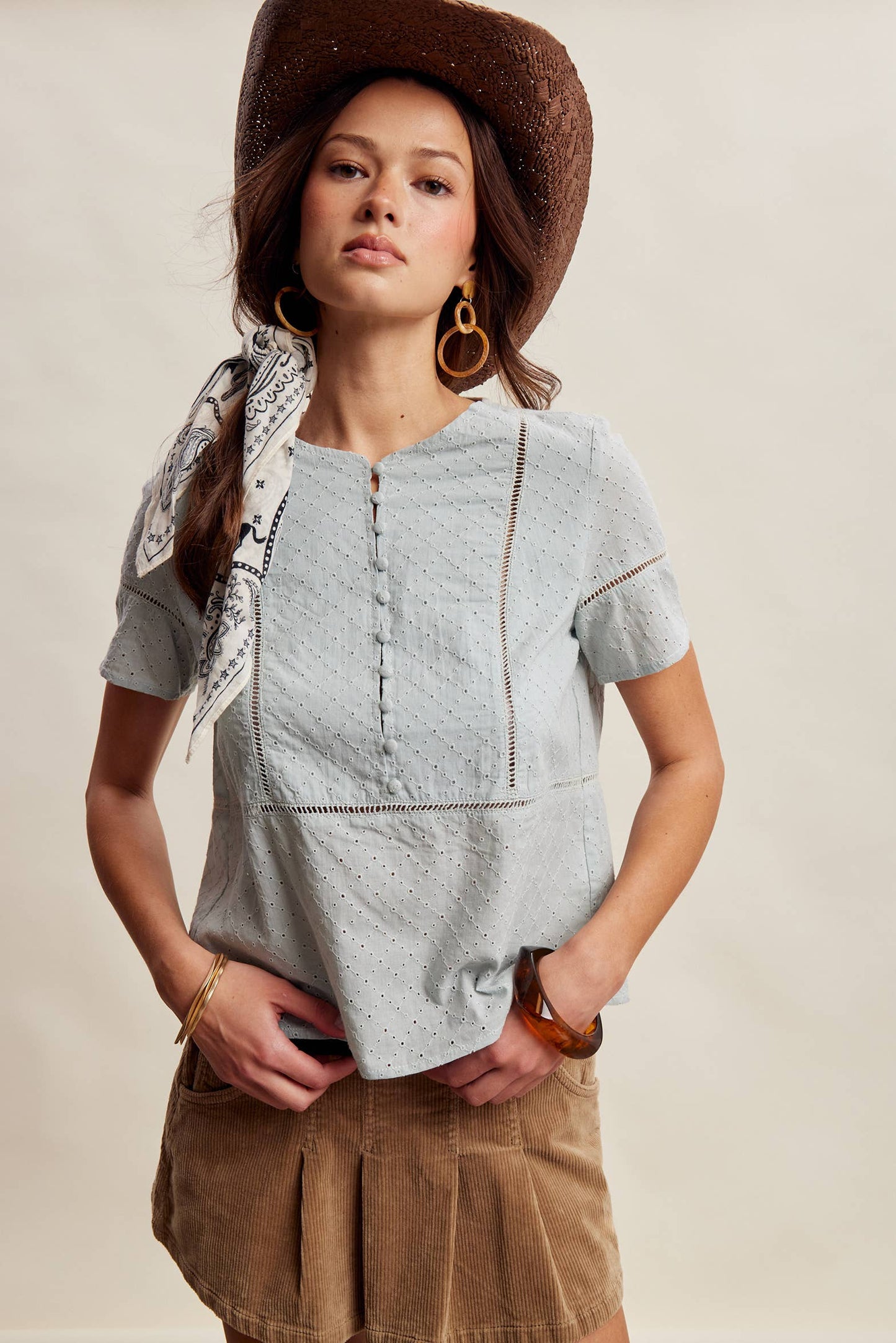 Eyelet Button-Front Short Sleeve Blouse/Light Blue