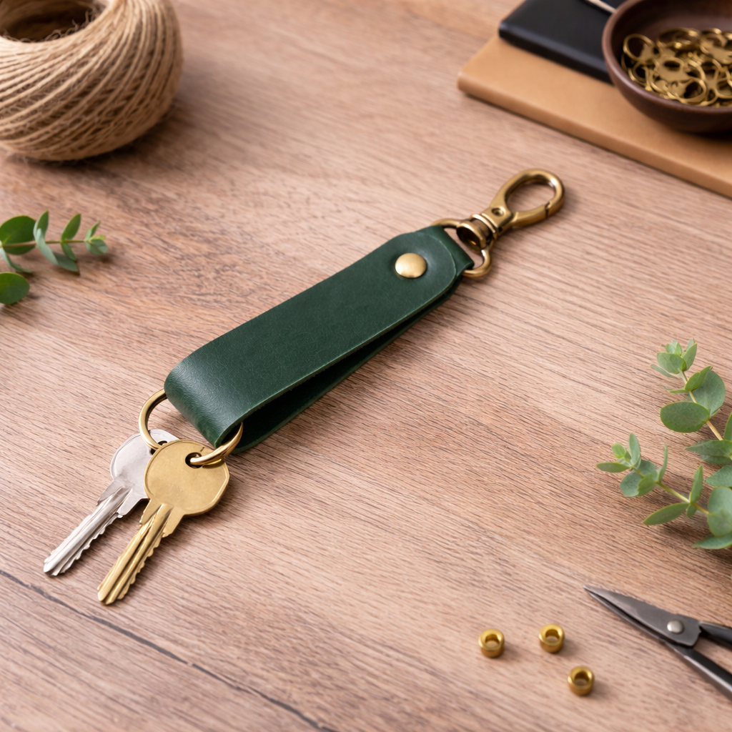 Genuine Leather Keychain, Keychain RIng, Handmade Key Tag: Green