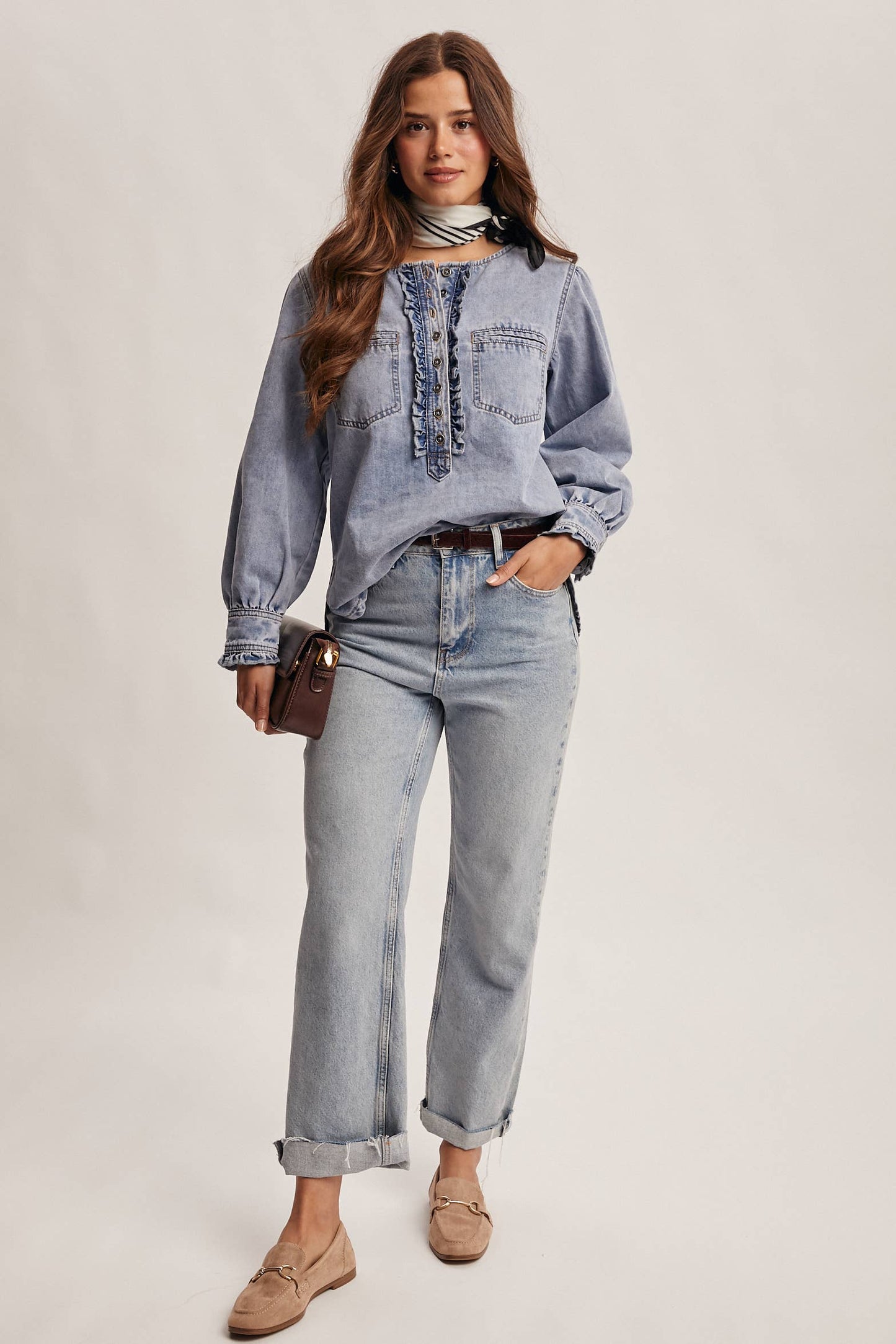 Ruffle Trim Denim Blouse:Cloud Wash