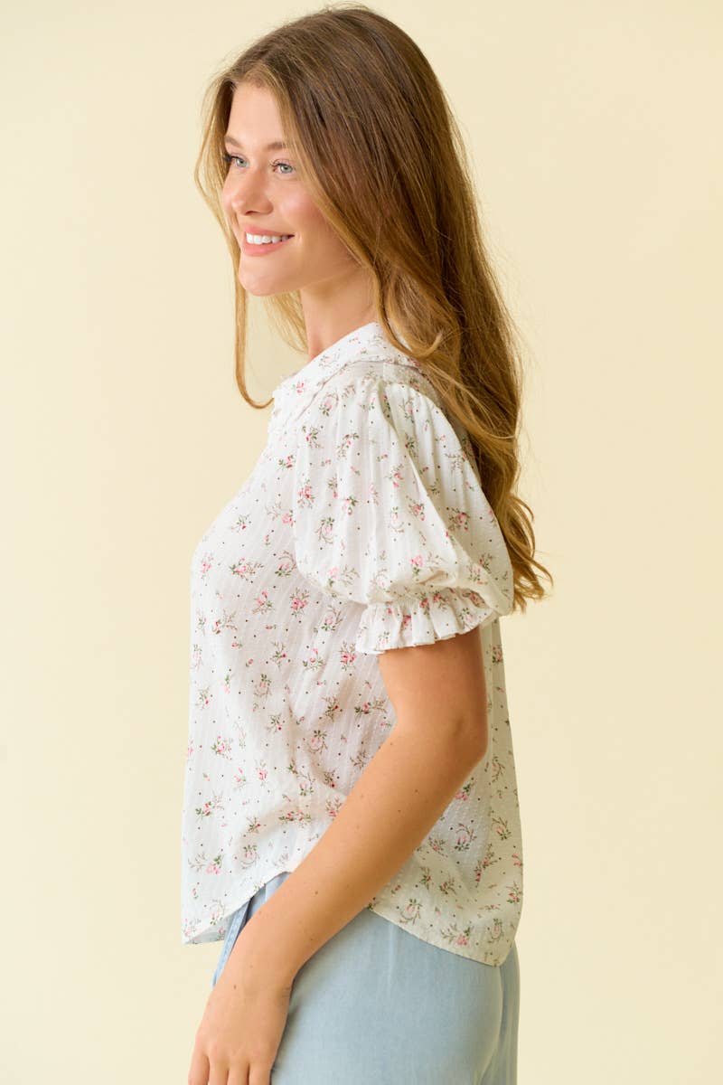 FLORAL PRINT PUFFED SLEEVE BUTTON DOWN TOP - Off White