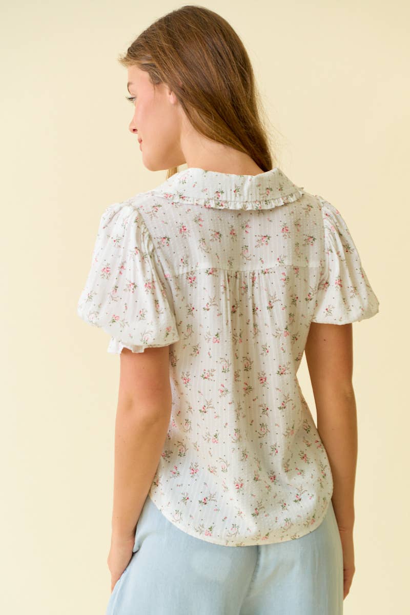 FLORAL PRINT PUFFED SLEEVE BUTTON DOWN TOP - Off White