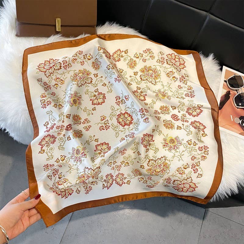 LARGE FLORAL PRINT BANDANA SCARF-BROWN LU