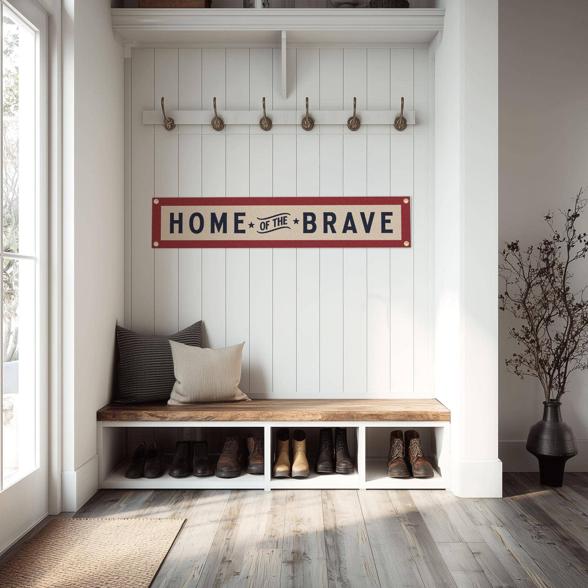 Home of the Brave Felt Banner : Blue Border Red Text