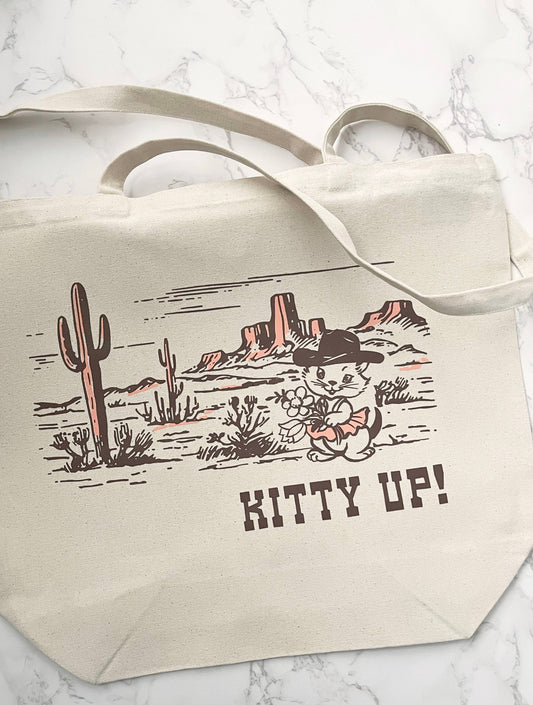 Kitty Up Cowgirl Tote Bag - Cotton Canvas Reusable LU