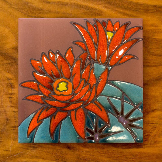 Hedgehog Cactus Desert Bloom Hand Glazed Fine Art Tile Trivet: Terra Cotta Background