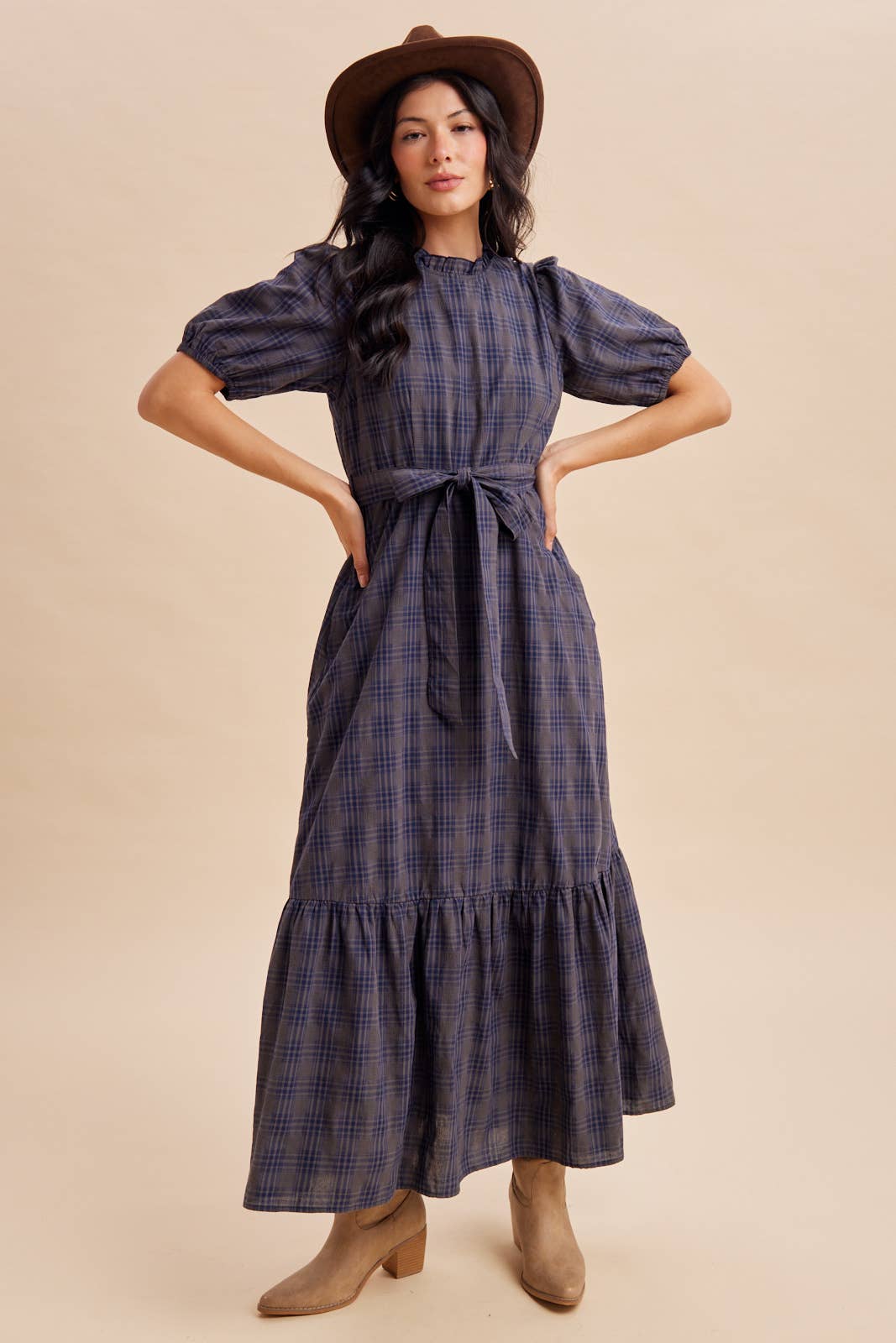 PLAID MAXI DRESS: NAVY STORM