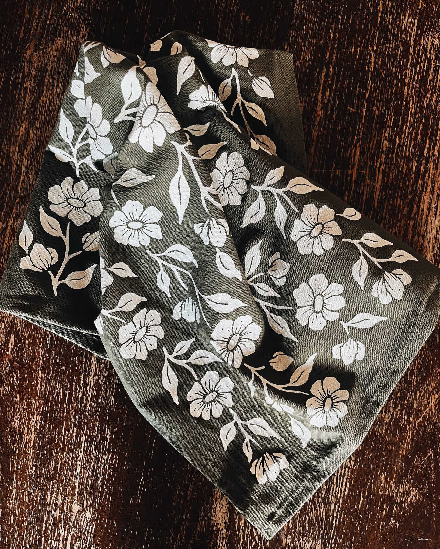 Organic Cotton Tea Towel Floral on Olive