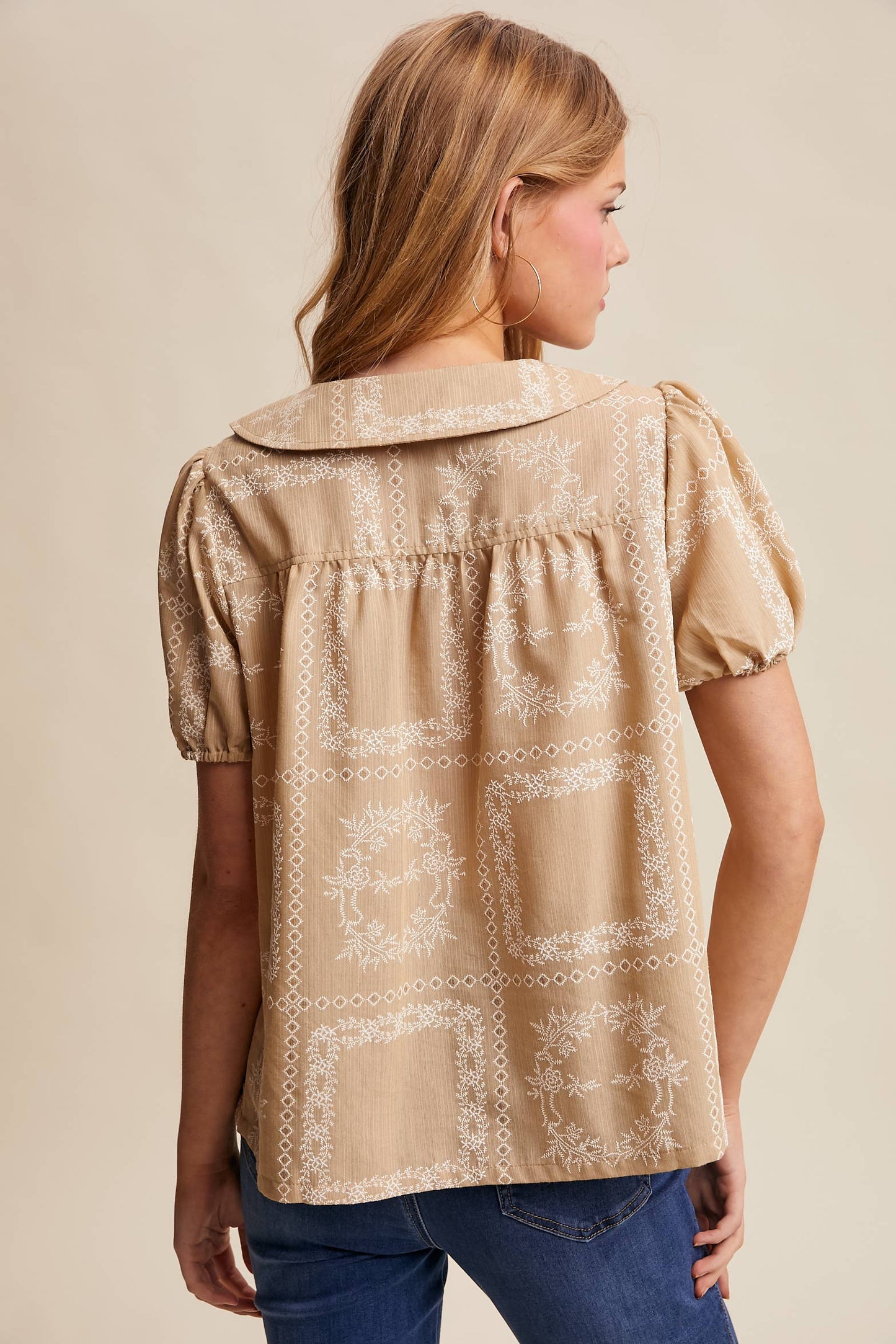 Embroidered Eyelet Puff Sleeve Blouse Navy