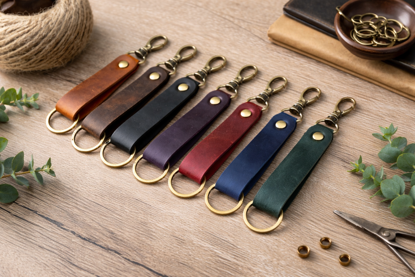 Genuine Leather Keychain, Keychain RIng, Handmade Key Tag: Green