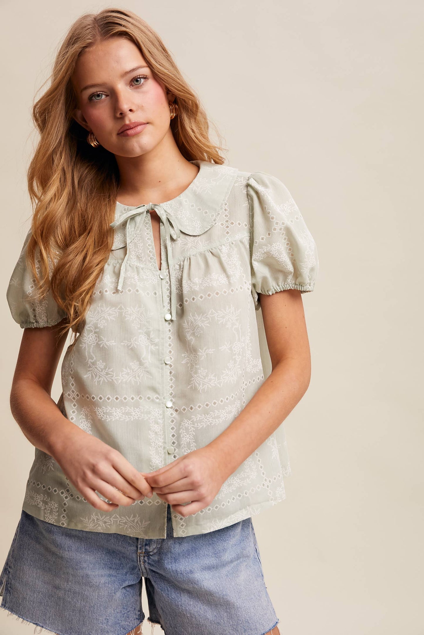 Embroidered Eyelet Puff Sleeve Blouse Navy
