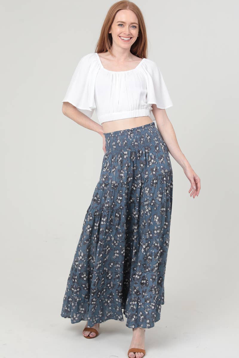 Ditsy Print Smocked Waist Tiered Maxi Skirt: Blue
