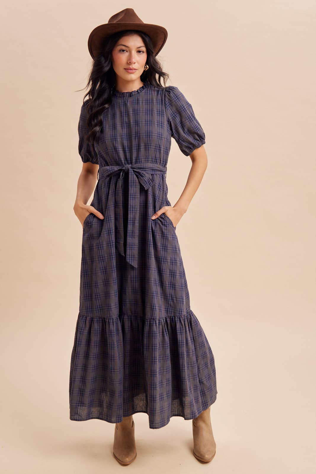 PLAID MAXI DRESS: NAVY STORM
