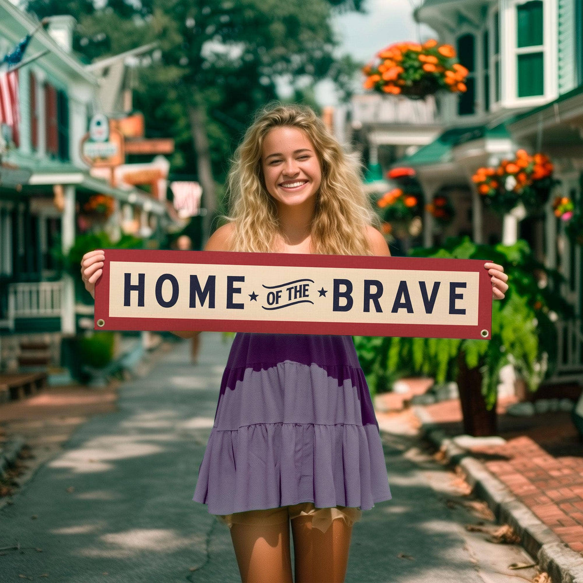 Home of the Brave Felt Banner : Blue Border Red Text
