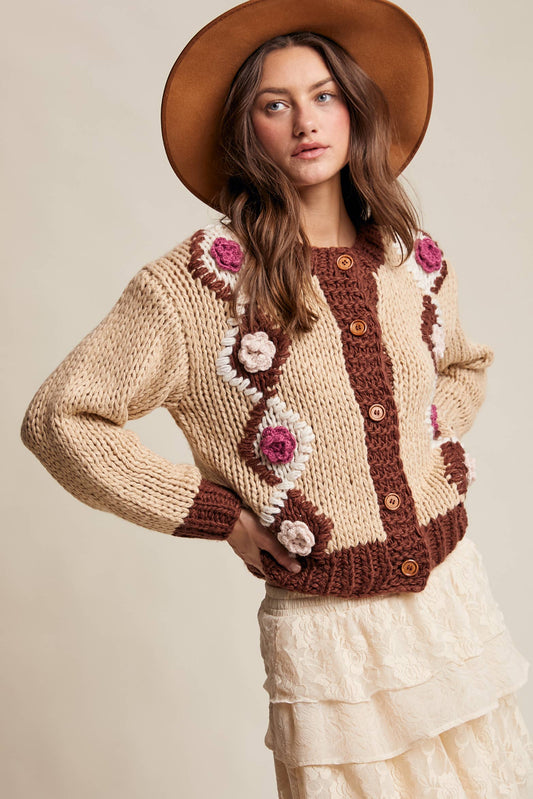 Handmade Crochet Floral Cardigan: Tiramisu