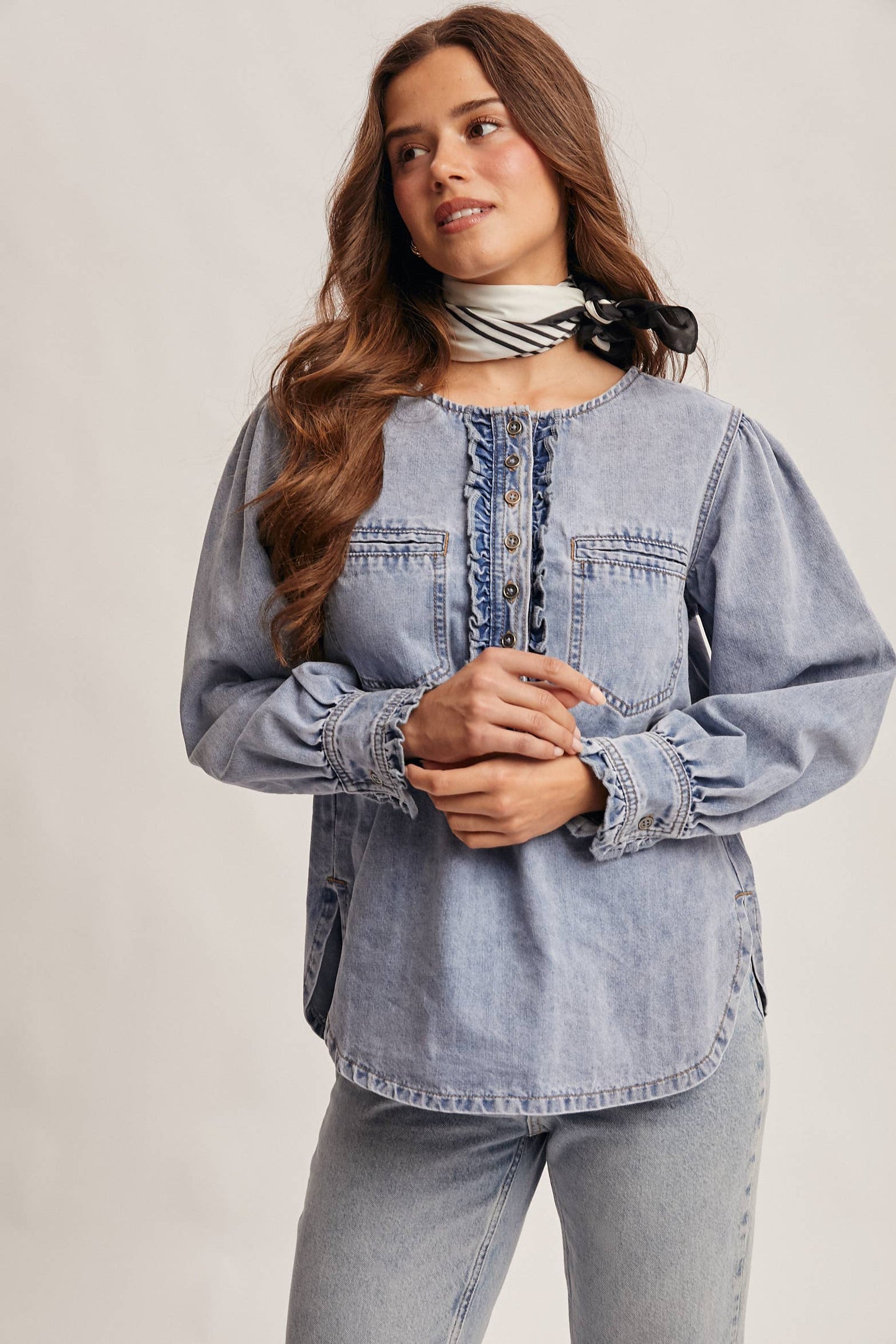 Ruffle Trim Denim Blouse:Cloud Wash