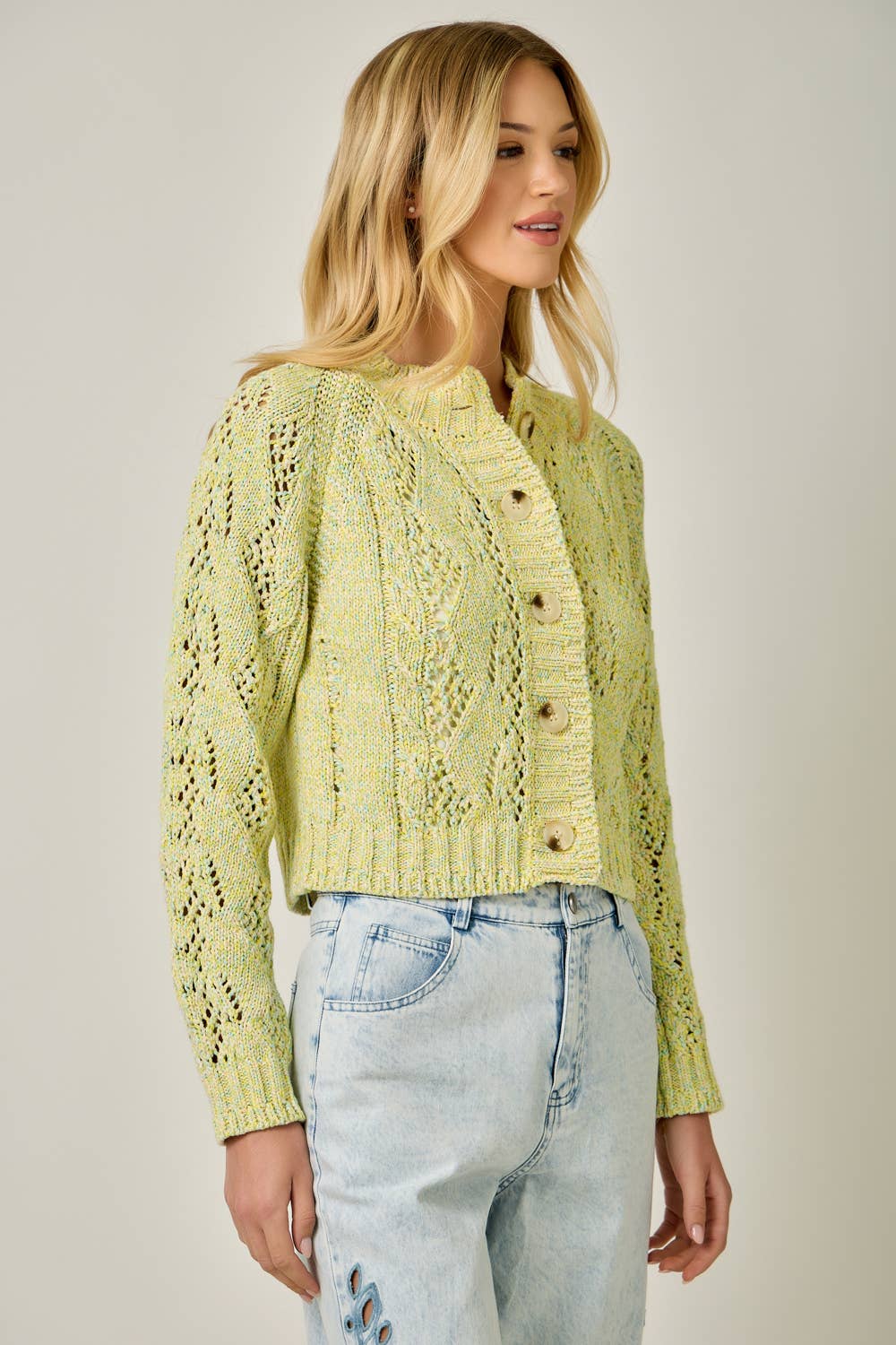 Multicolor Cable Knit Cardigan: Yellow HP