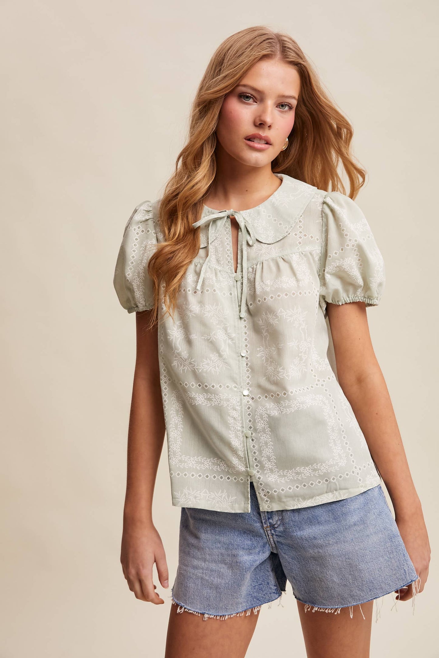 Embroidered Eyelet Puff Sleeve Blouse Navy