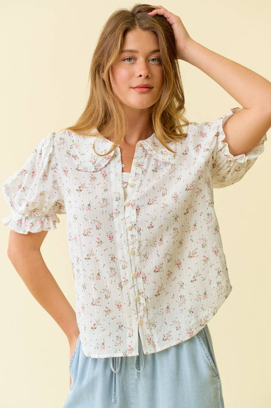 FLORAL PRINT PUFFED SLEEVE BUTTON DOWN TOP - Off White