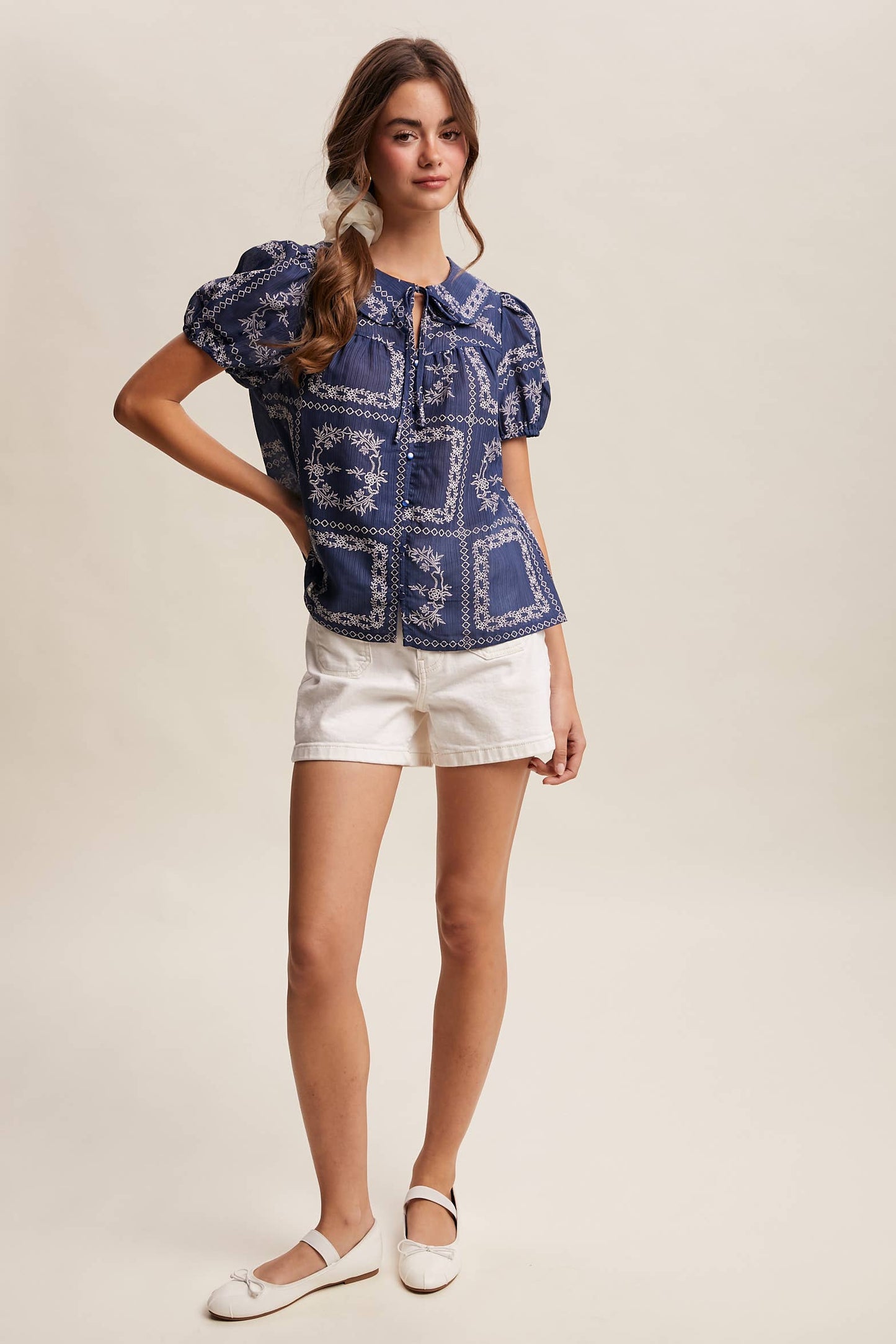 Embroidered Eyelet Puff Sleeve Blouse Navy