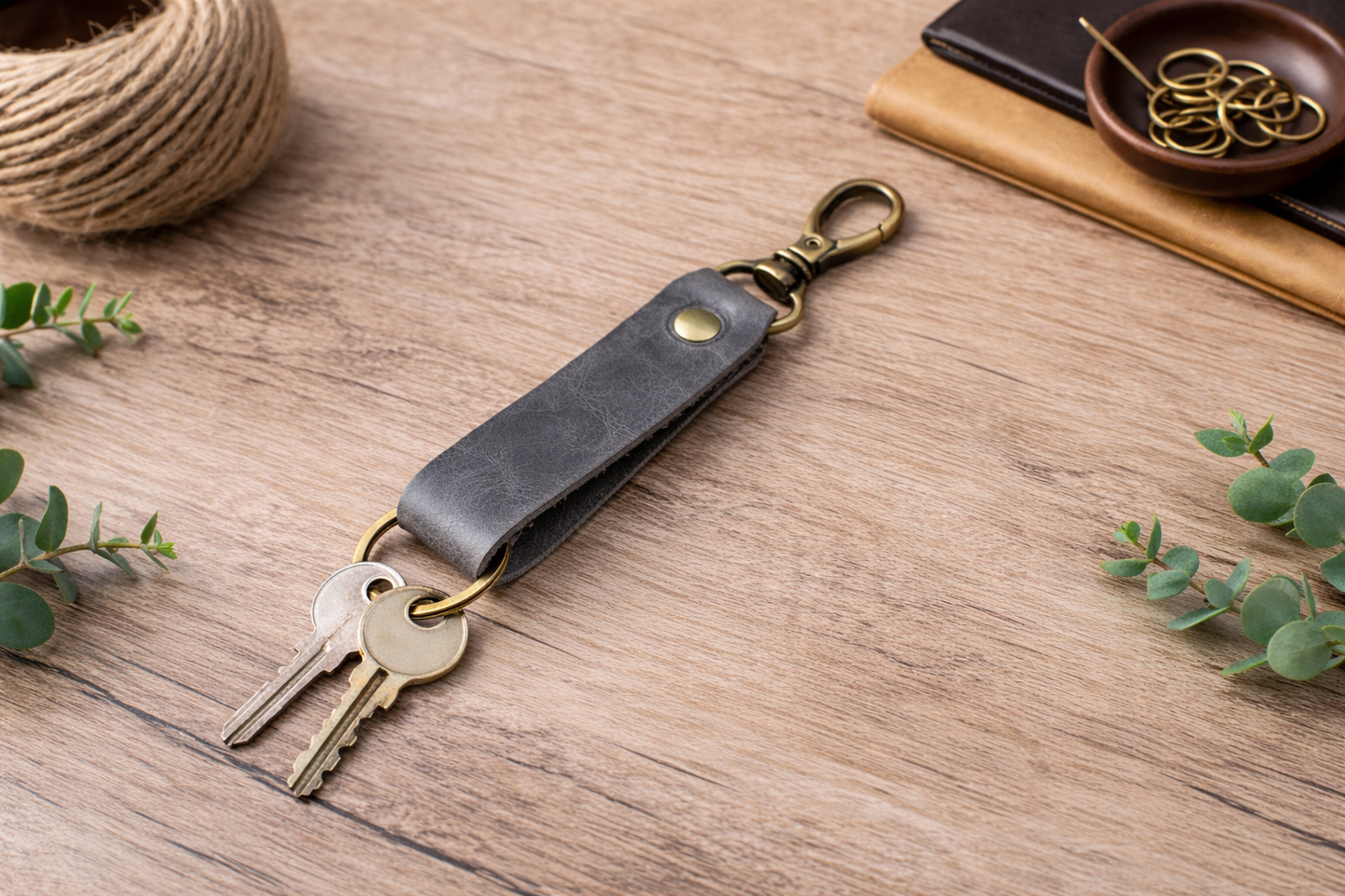 Genuine Leather Keychain, Keychain RIng, Handmade Key Tag: Green