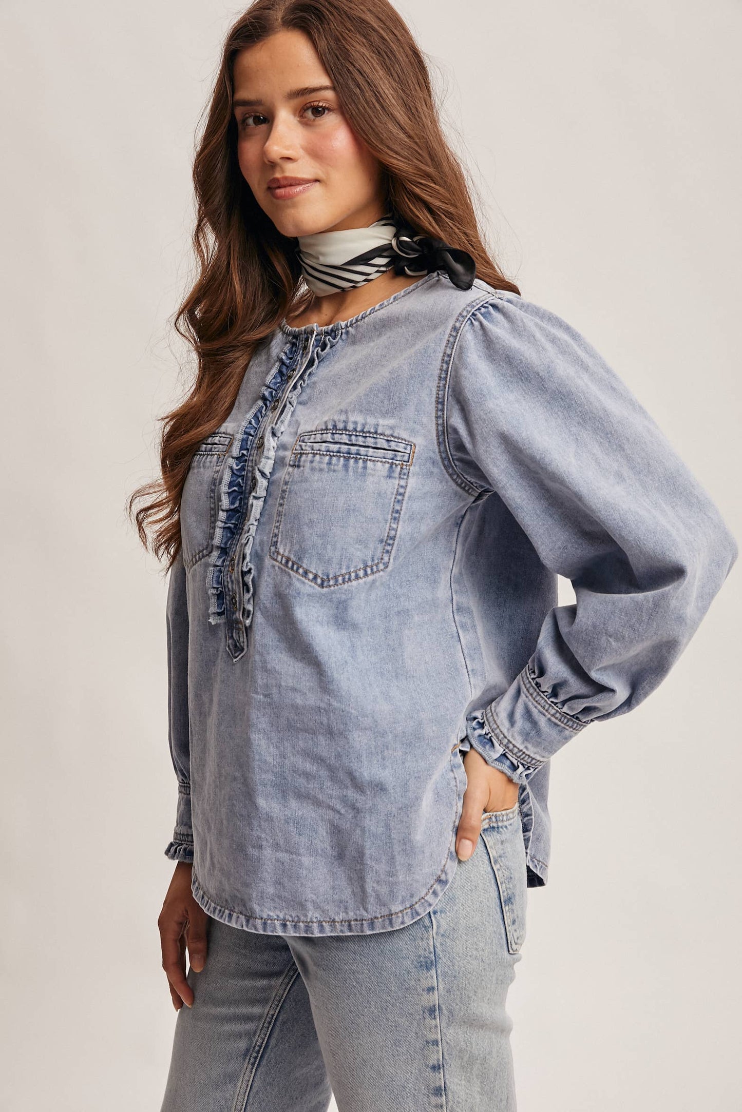 Ruffle Trim Denim Blouse:Cloud Wash