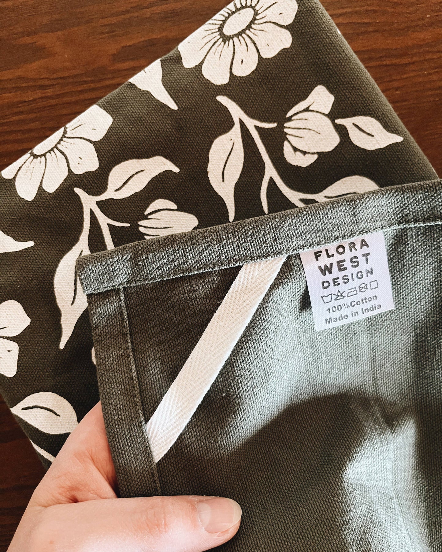 Organic Cotton Tea Towel Floral on Olive
