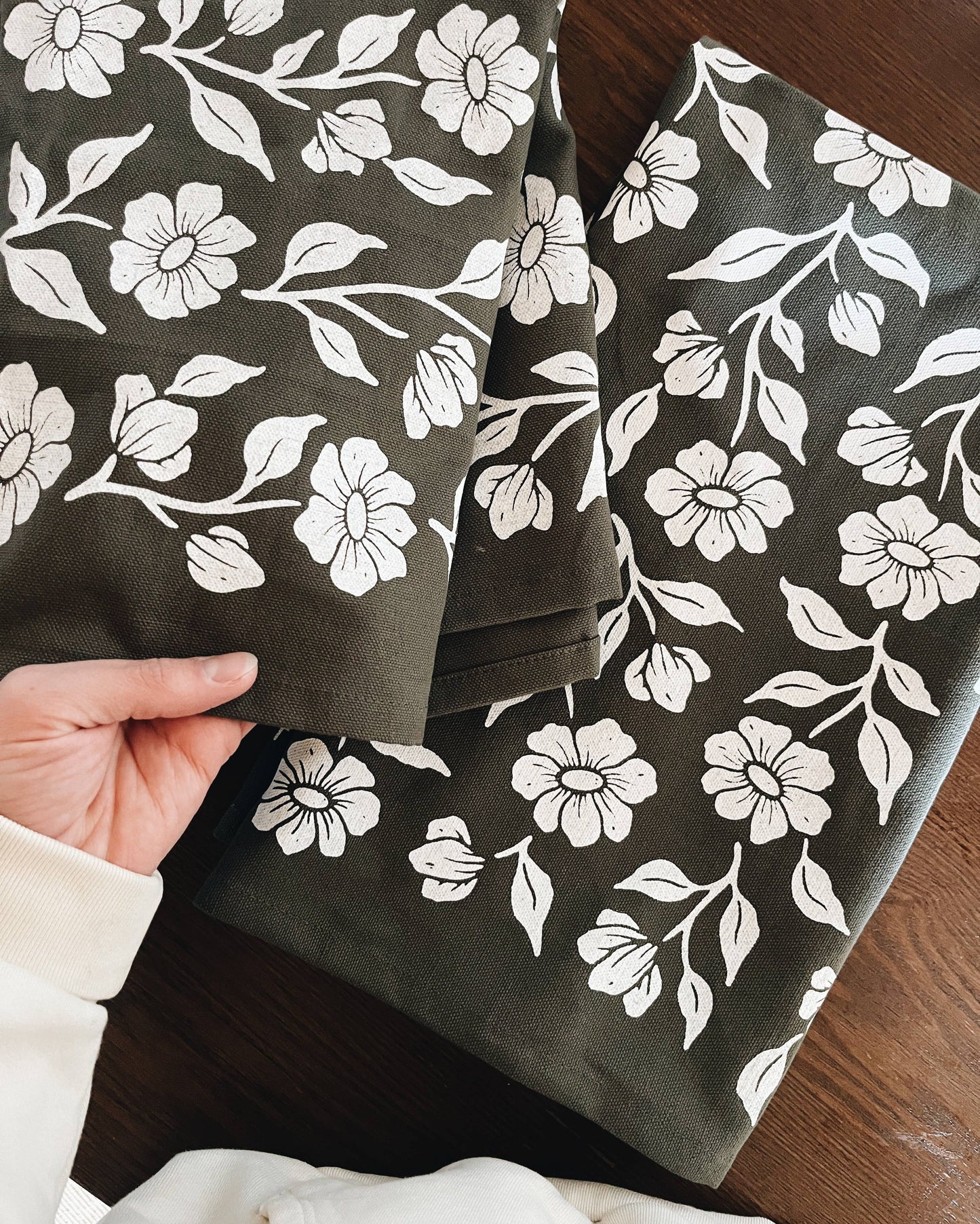Organic Cotton Tea Towel Floral on Olive