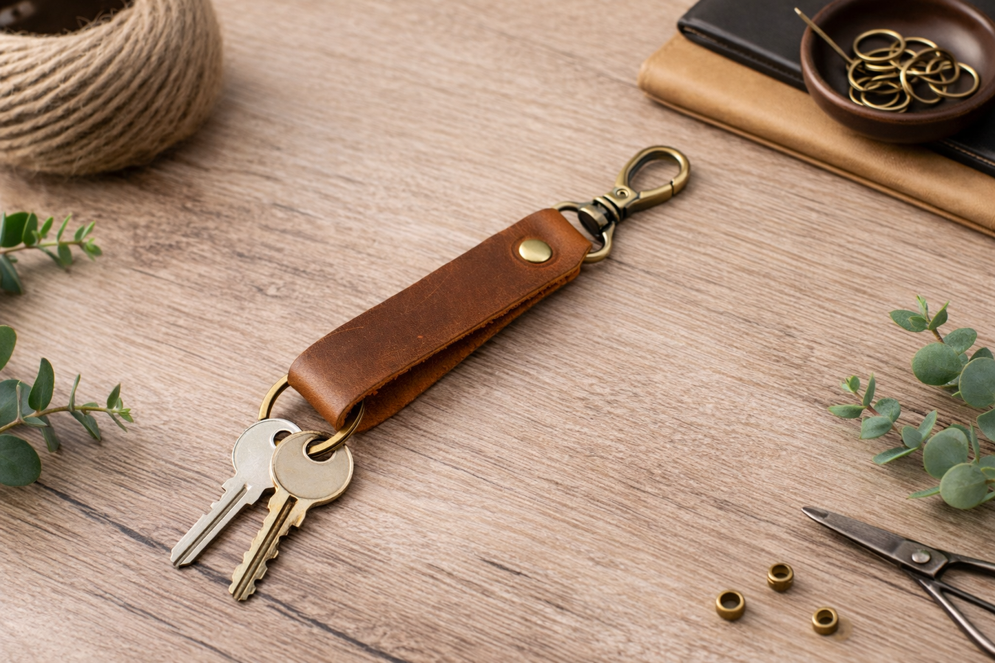 Genuine Leather Keychain, Keychain RIng, Handmade Key Tag: Green