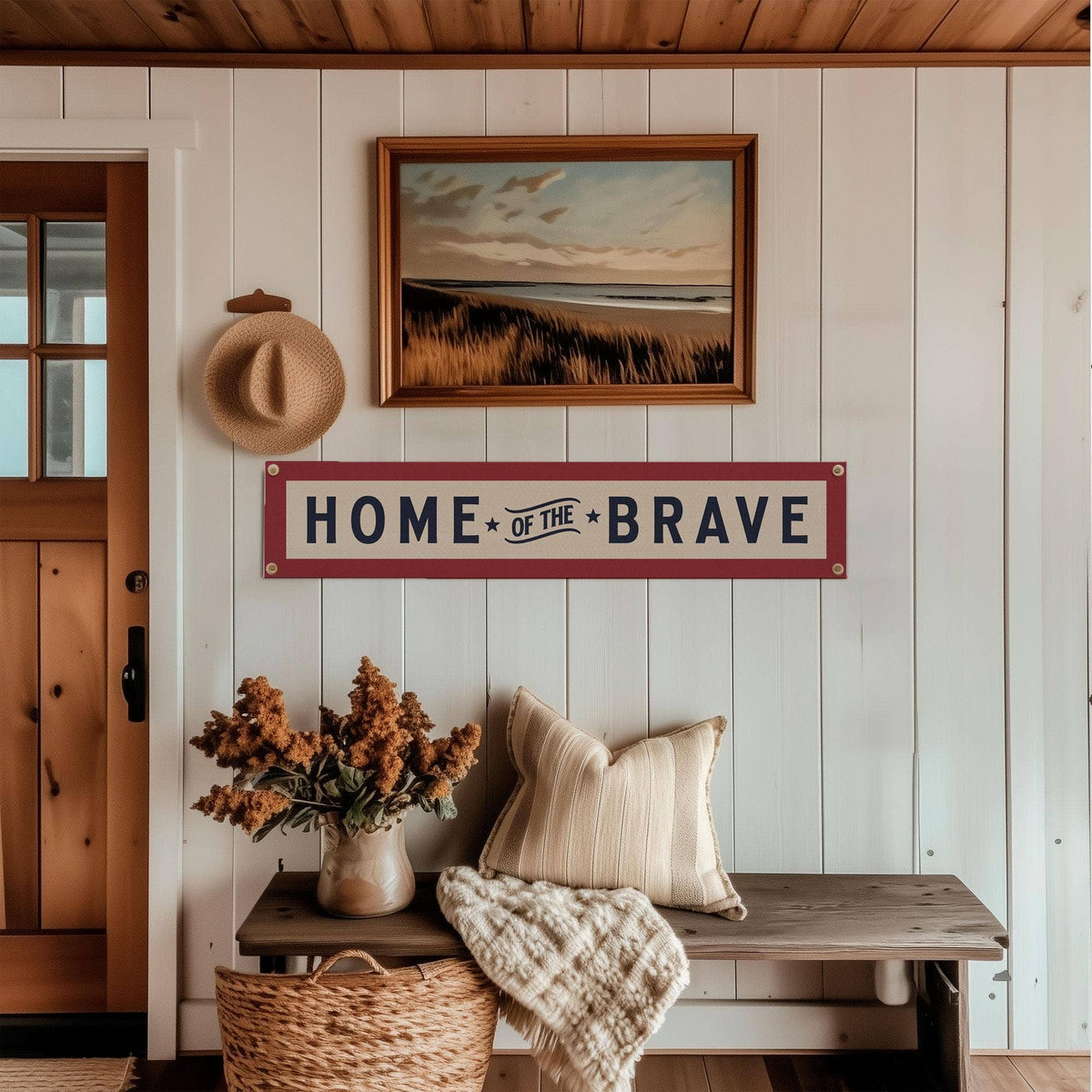 Home of the Brave Felt Banner : Blue Border Red Text
