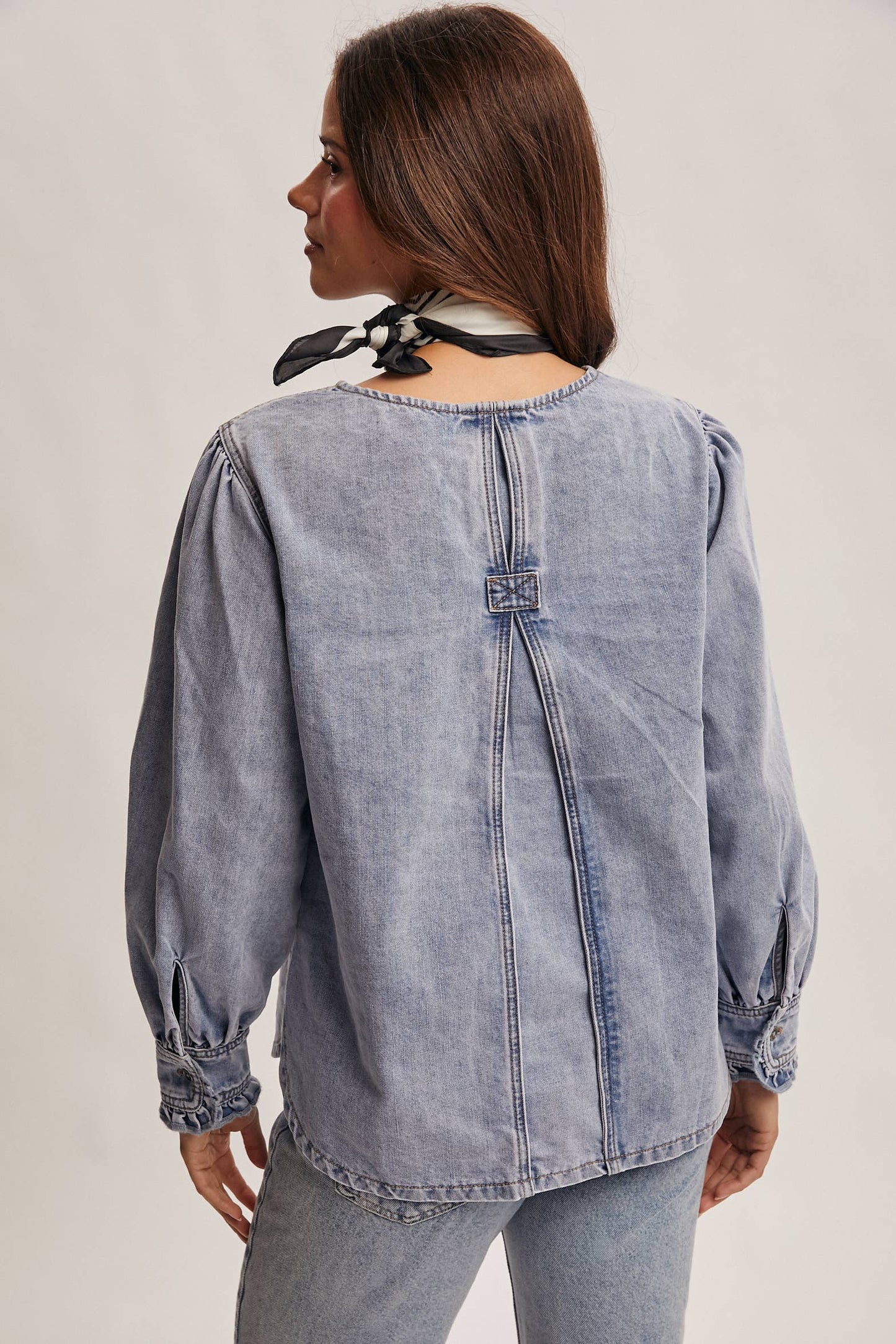 Ruffle Trim Denim Blouse:Cloud Wash