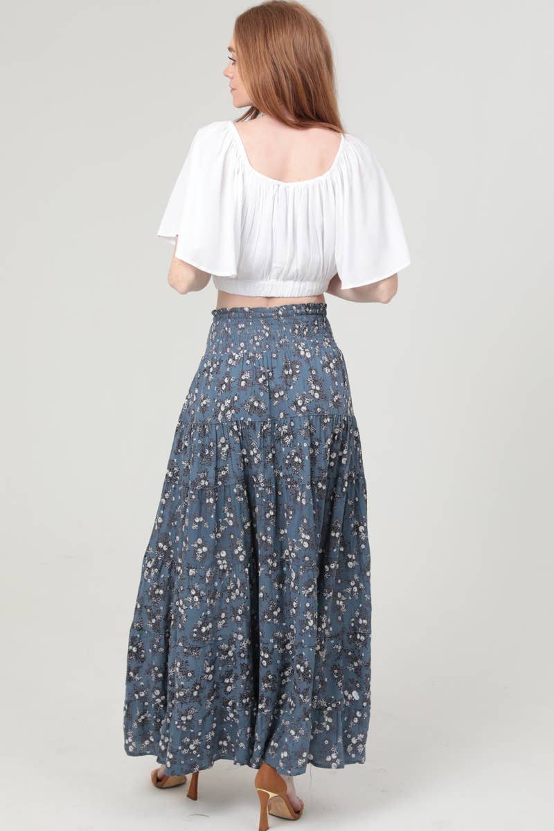 Ditsy Print Smocked Waist Tiered Maxi Skirt: Blue