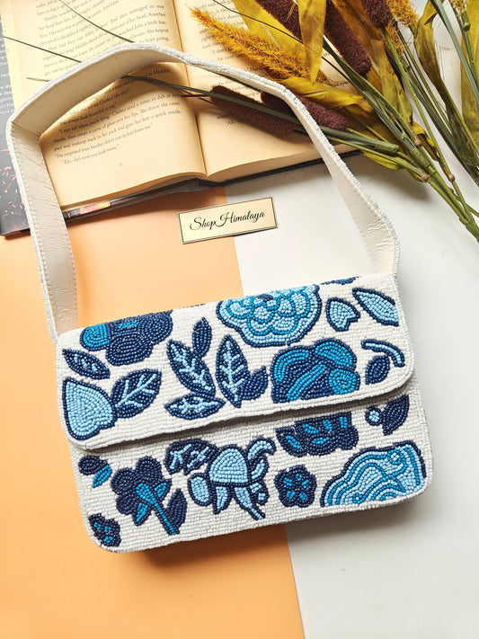 Blue Floral Beaded Shoulder Bag | Handmade Statement Purse-LU