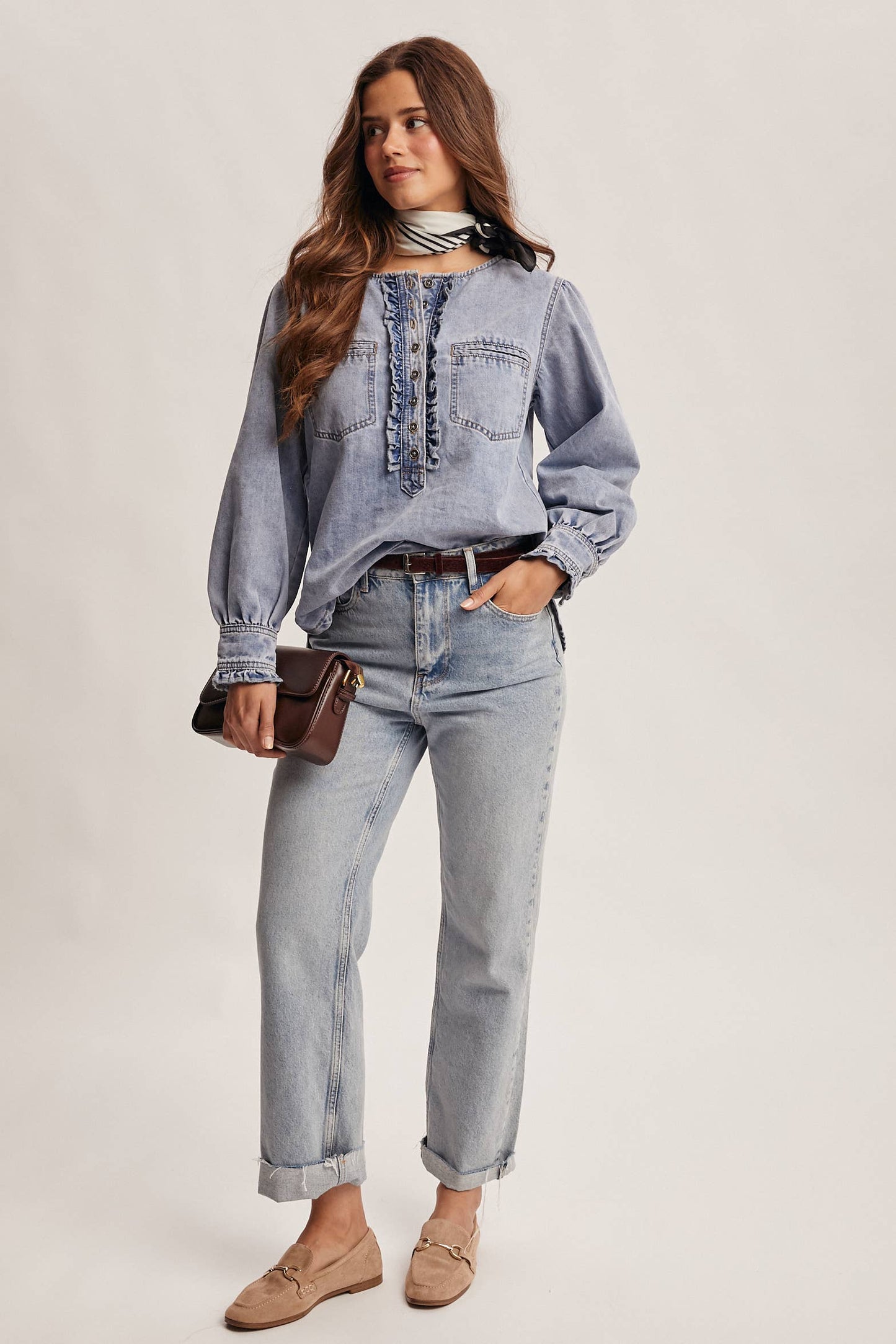 Ruffle Trim Denim Blouse:Cloud Wash