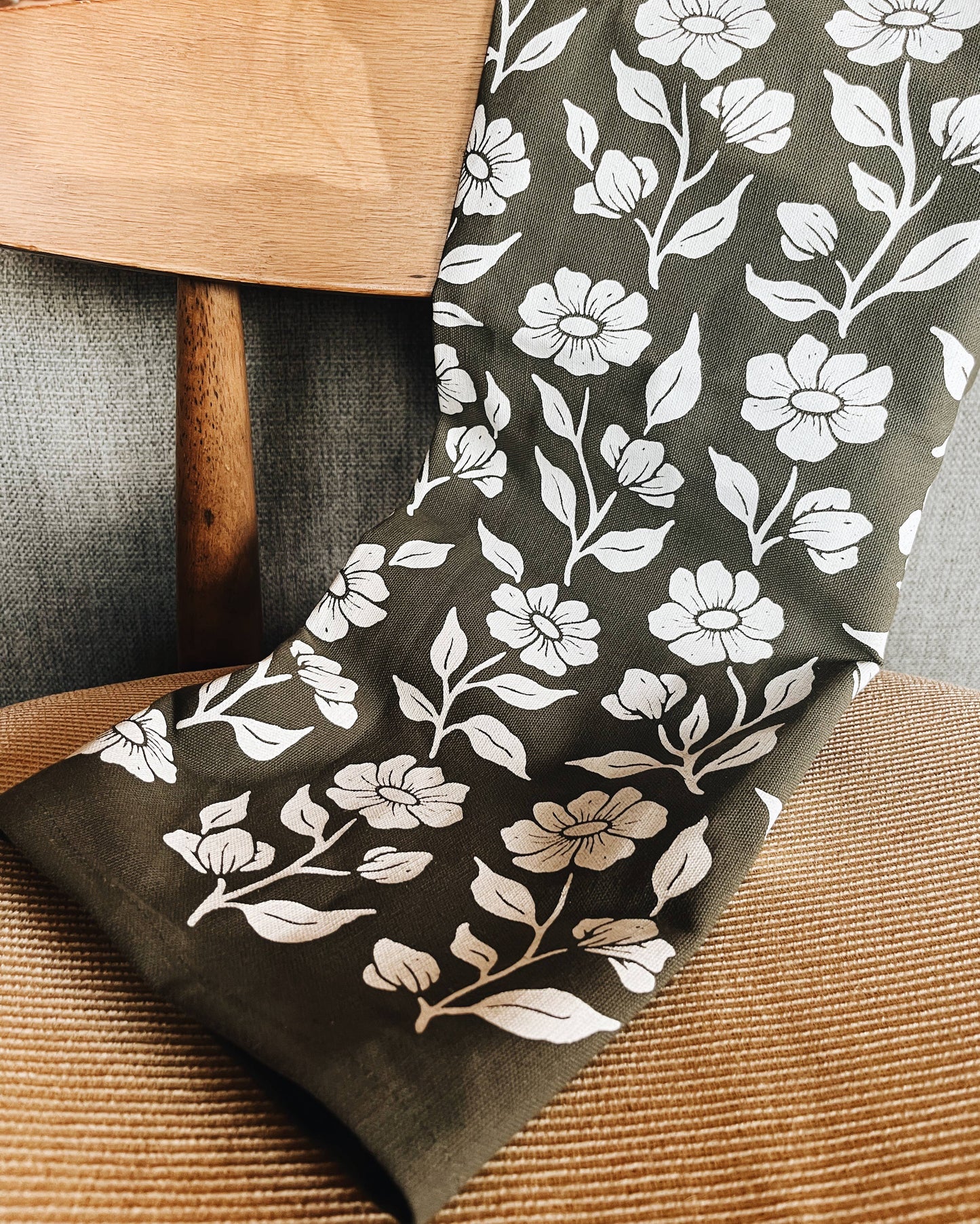 Organic Cotton Tea Towel Floral on Olive