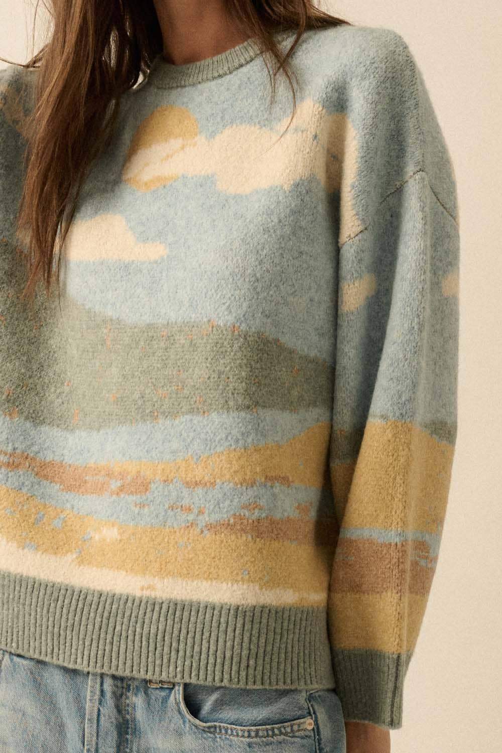 Beach Landscape Jacquard-Knit Sweater: Blue LU