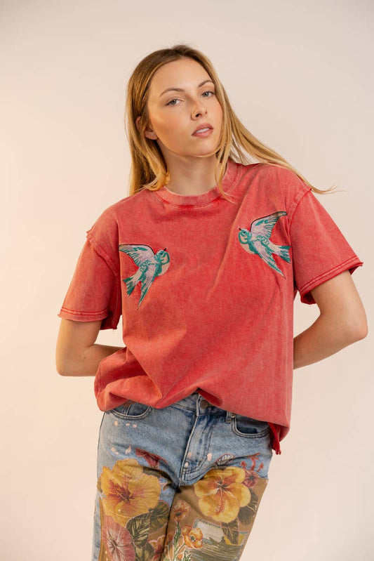 Bird Embroidered Mineral Wash Tee HP