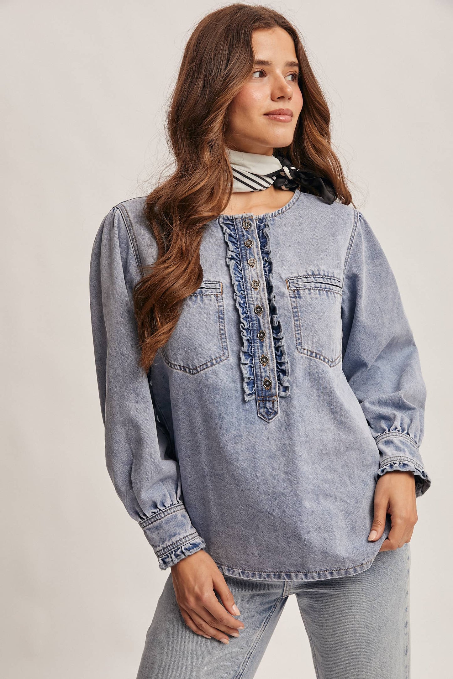 Ruffle Trim Denim Blouse:Cloud Wash