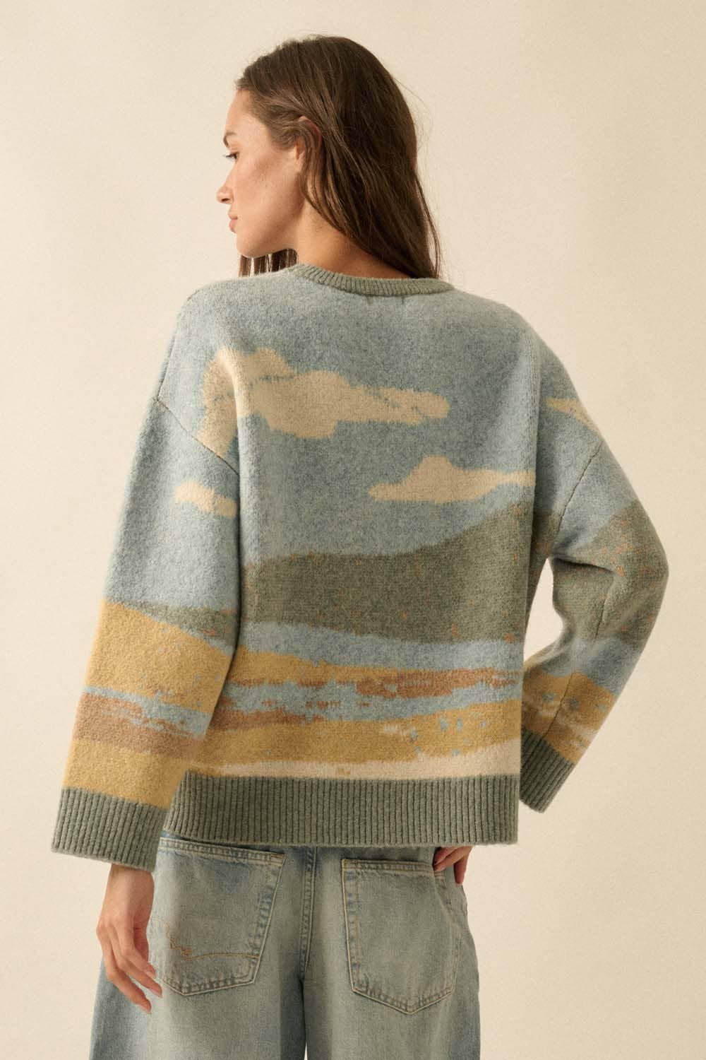 Beach Landscape Jacquard-Knit Sweater: Blue LU