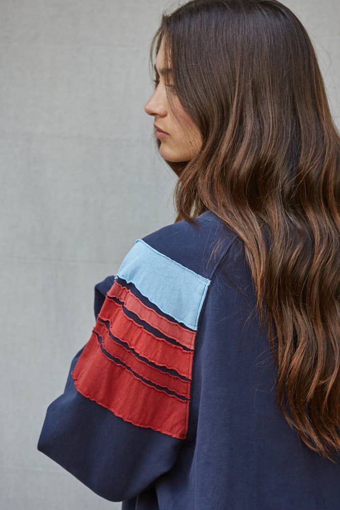 Knit Cotton Crew Multi Color Stripe Detail Top: Navy