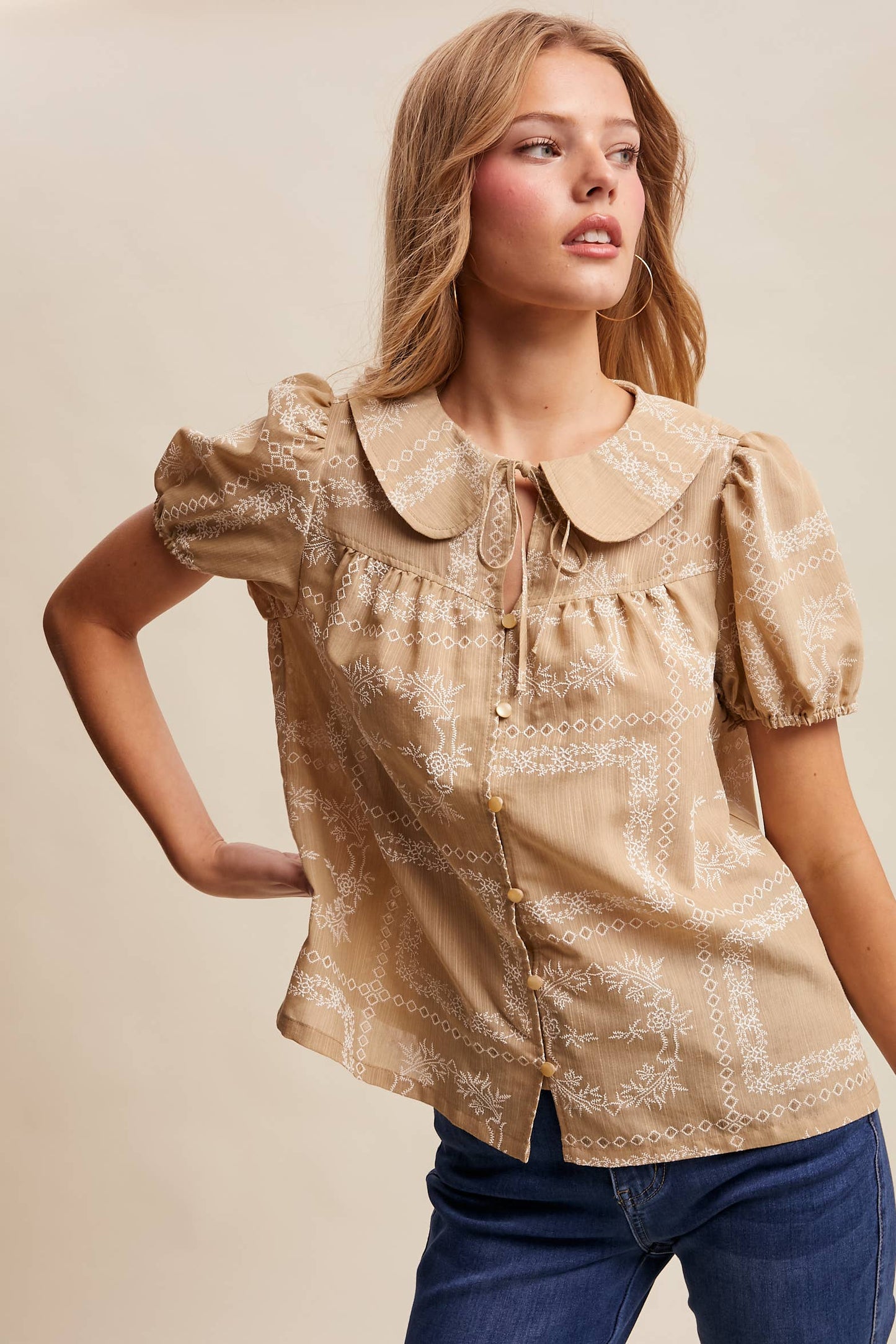 Embroidered Eyelet Puff Sleeve Blouse Navy