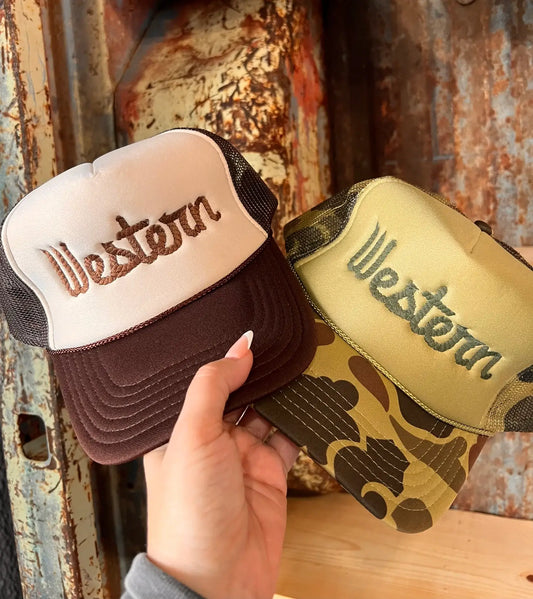 Western Rope Embroidery -Otto Trucker Hat: Brown & Tan