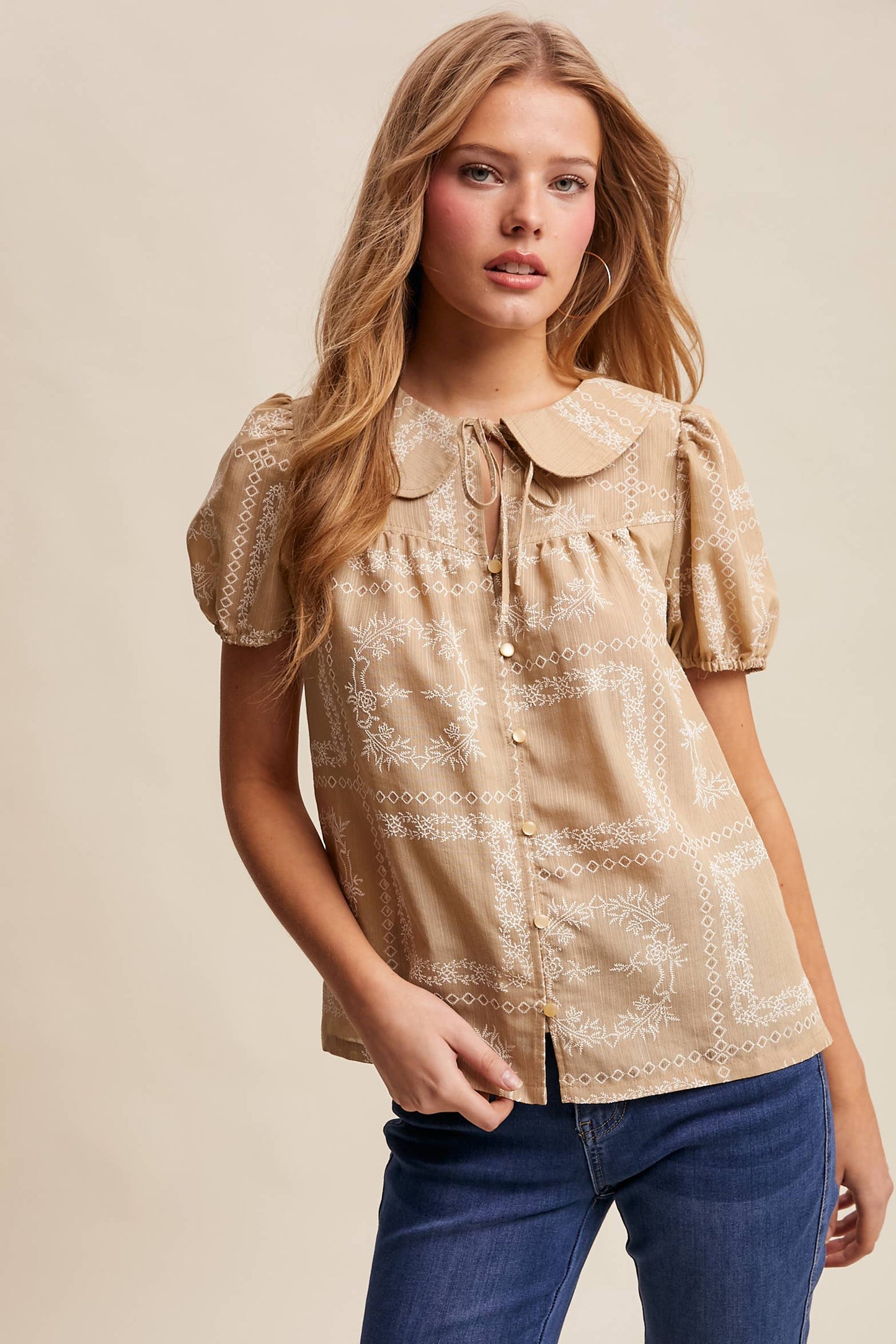 Embroidered Eyelet Puff Sleeve Blouse Navy