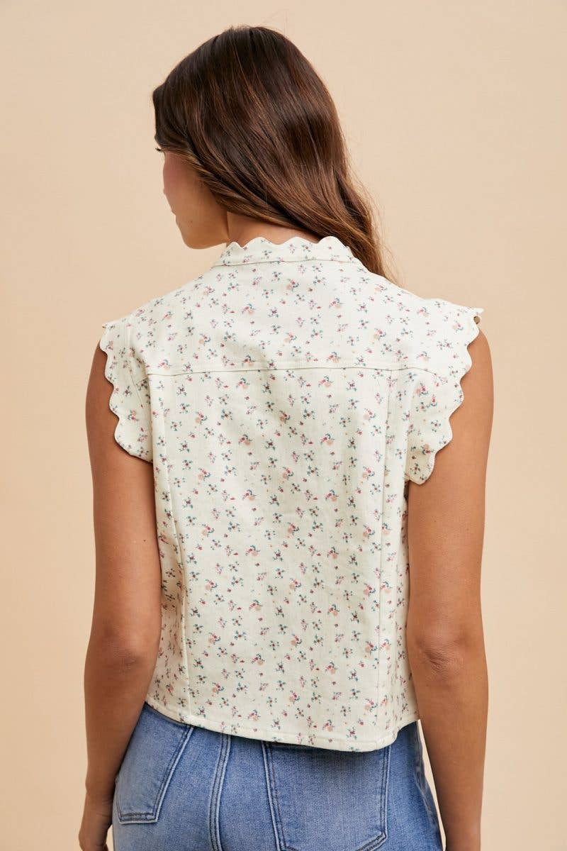 Ditsy Print Scallop Edge Detailed Denim Crop Vest: IVORY