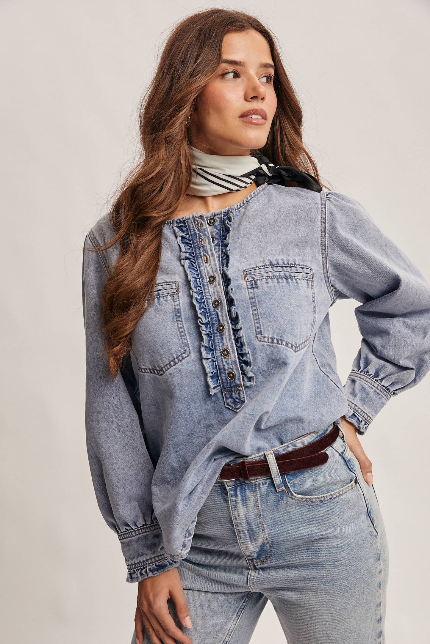 Ruffle Trim Denim Blouse:Cloud Wash