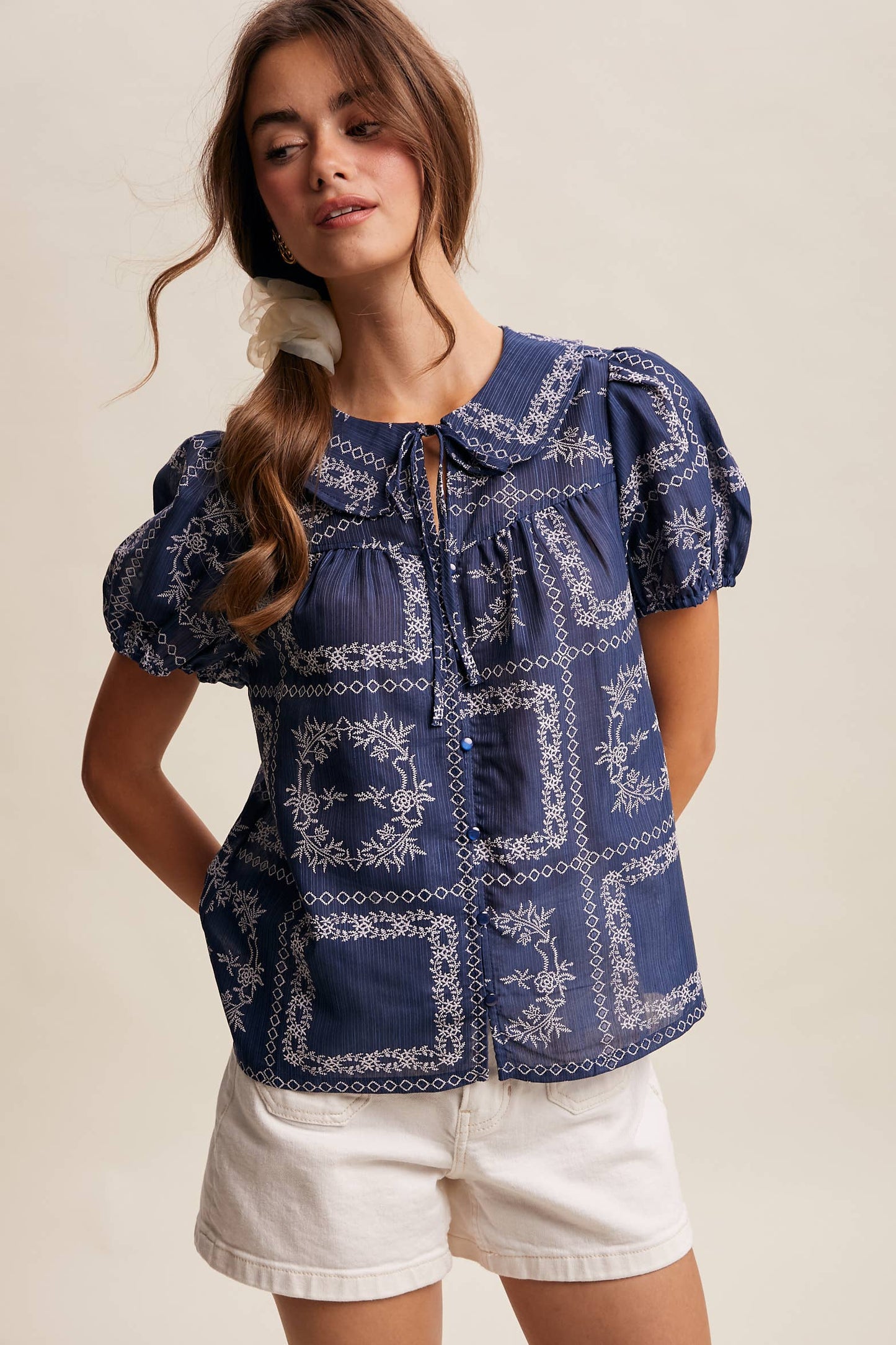 Embroidered Eyelet Puff Sleeve Blouse Navy
