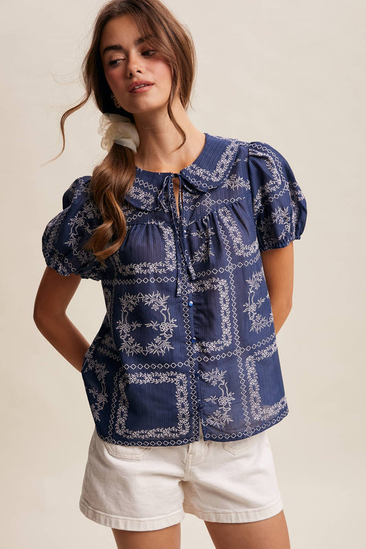 Embroidered Eyelet Puff Sleeve Blouse Navy