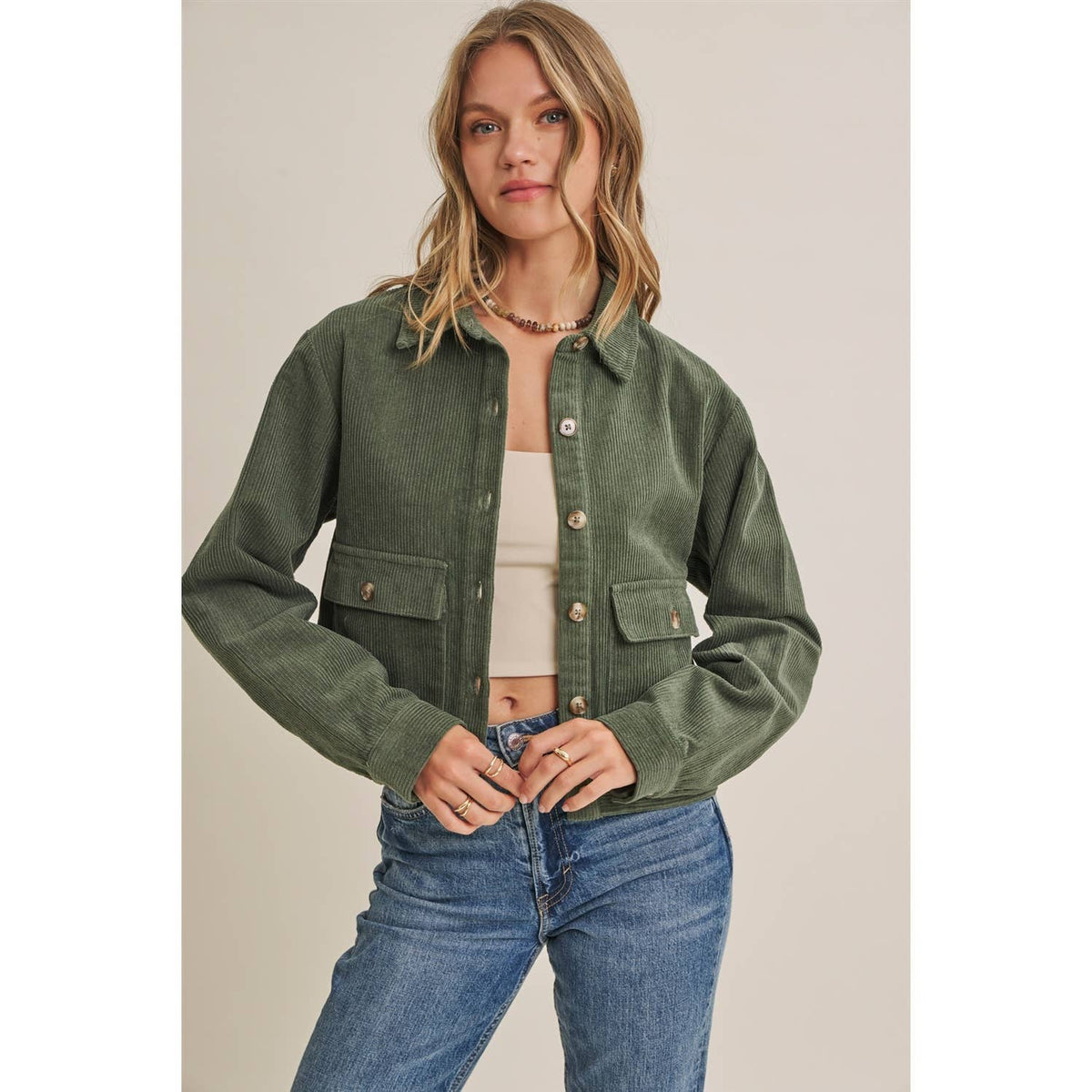 THE WEEKEND ESCAPE COTTON CORDUROY CROPPED JACKET: OLIVE