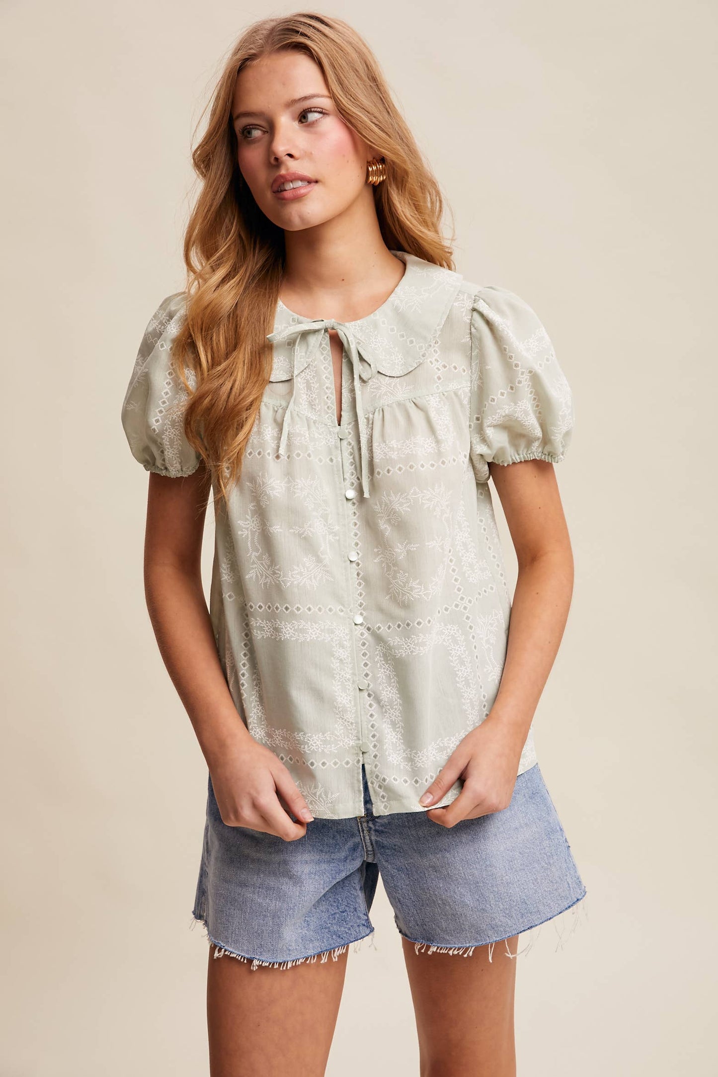 Embroidered Eyelet Puff Sleeve Blouse Navy