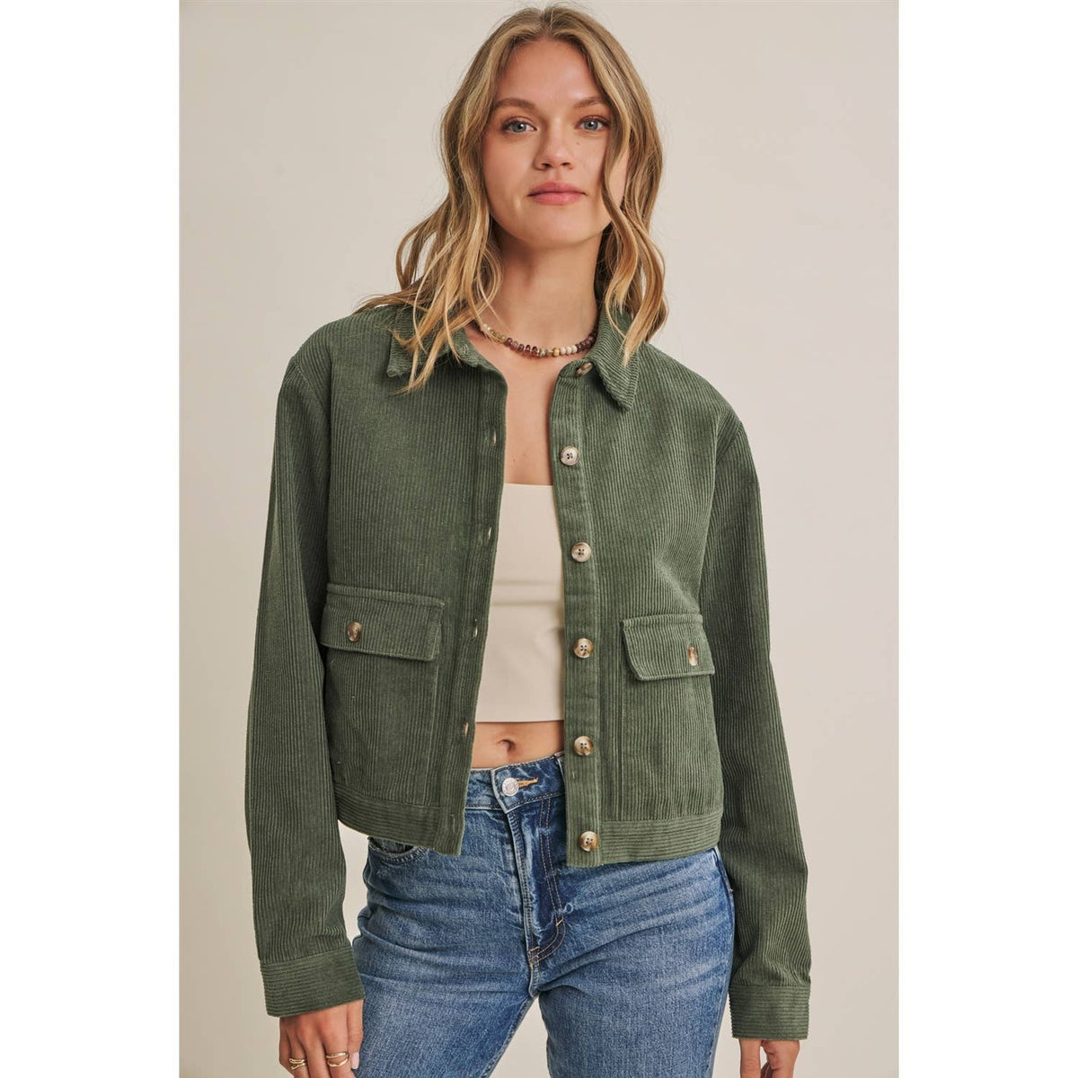 THE WEEKEND ESCAPE COTTON CORDUROY CROPPED JACKET: OLIVE