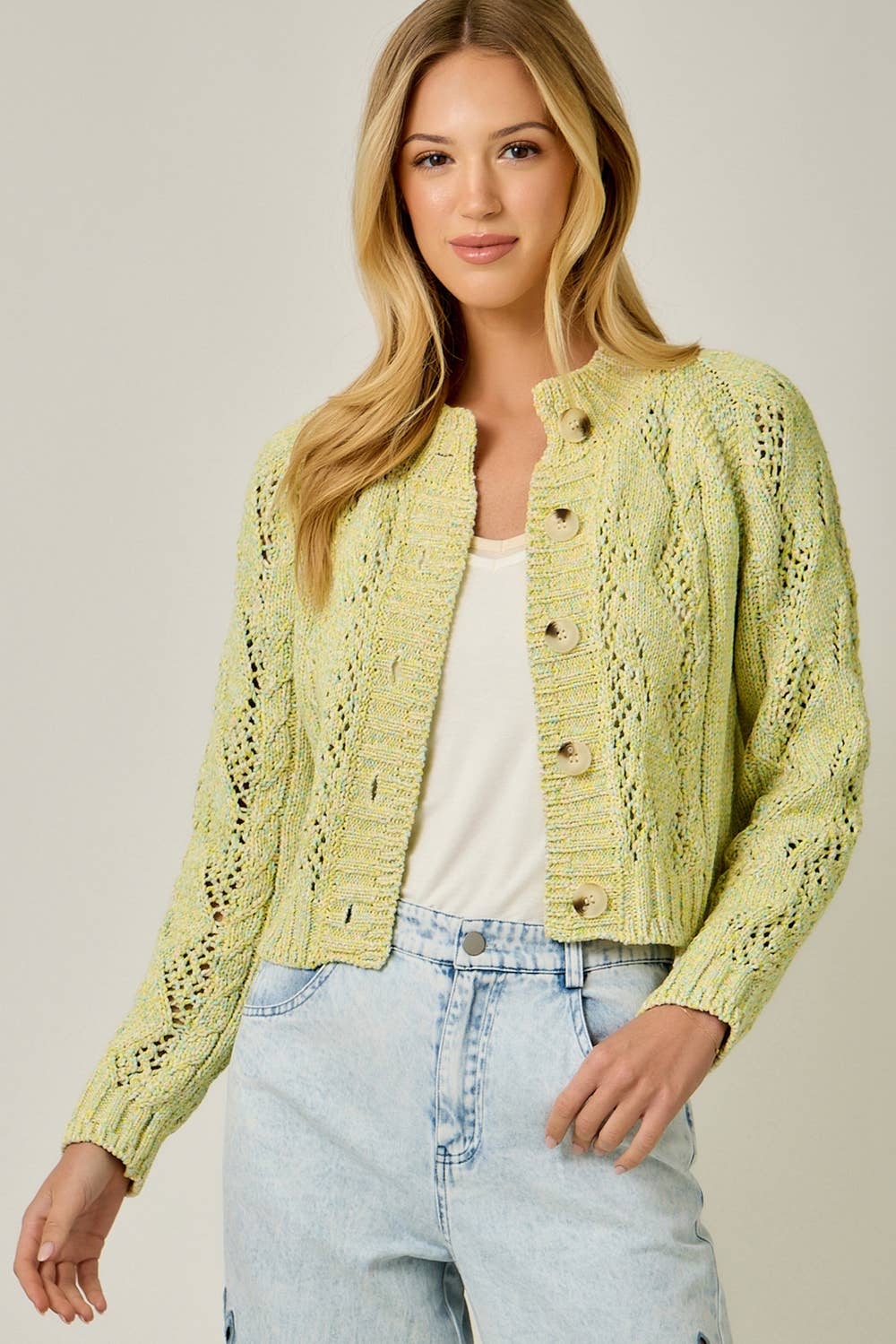 Multicolor Cable Knit Cardigan: Yellow HP